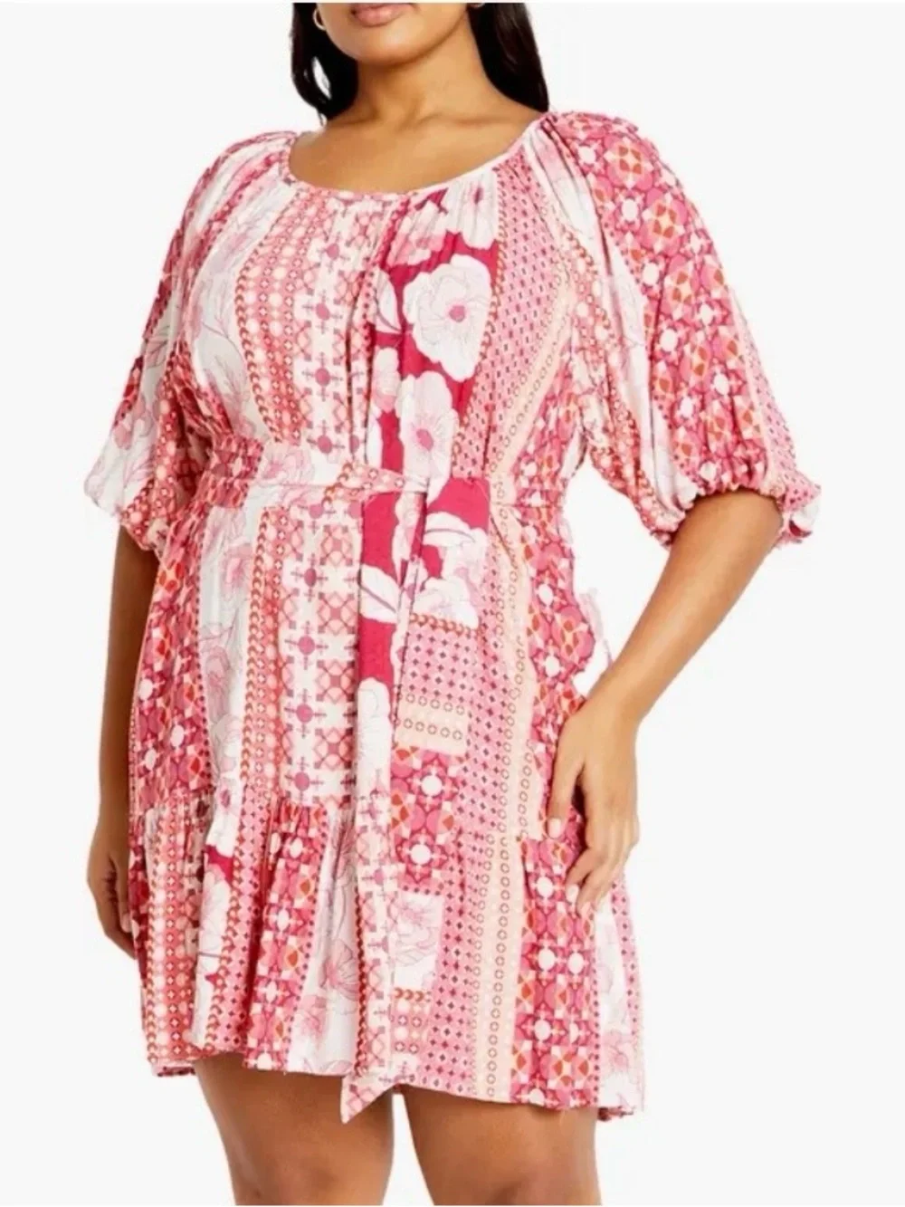 City Chic Patchwork Floral Viscose Cosmo Print Dress, Plus Size, Flowy Mini, New - Picture 2 of 13